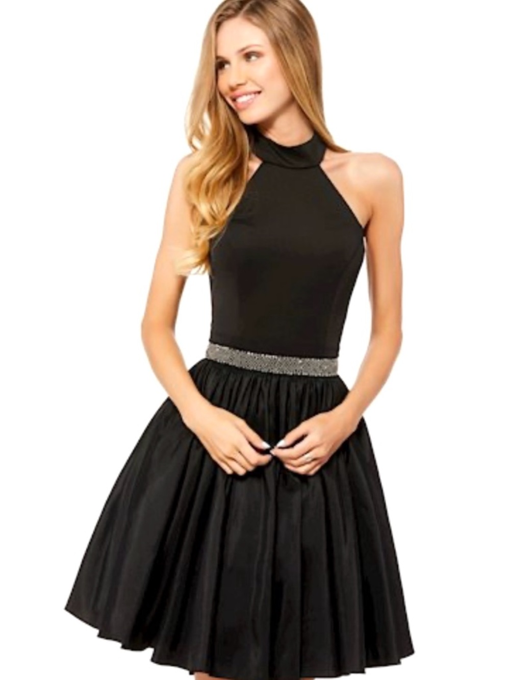Sherri Hill Black Beaded Waist Halter Choker Tulle Dress